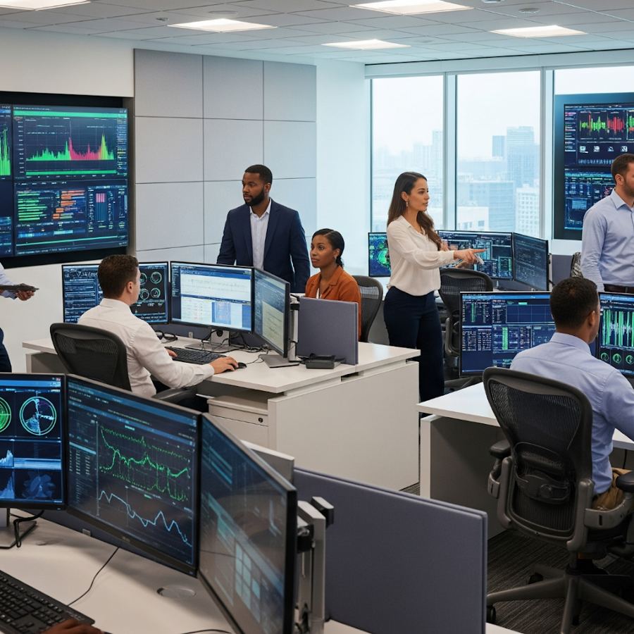 Equipo de especialistas monitoreando sistemas en una sala de operaciones